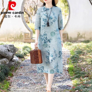 皮爾卡丹2025夏季女復(fù)古苧麻高端改良旗袍斜襟氣質(zhì)女裝中式棉麻連衣裙古風(fēng) 淺藍色 M 【建議115斤以下】