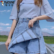 啄木鳥(niǎo)牛仔短褲女夏2025年新款韓版a字高腰顯瘦ins潮寬松百搭休閑半身裙 淺藍色 L 【建議105-115斤】