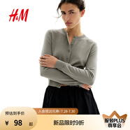 H&M女裝毛針織衫夏季慵懶風圓領長袖打底衫短款外套0579541 淺卡其綠 M 165/96