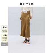 納薇（naivee）【100%醋酸】商場同款25夏流光中長半身裙松緊腰 金色 L