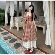 微愛(ài)的小松鼠大碼女裝田園綺夢(mèng)紅格子連衣裙蕾絲拼接櫻桃碎花裙擺收腰A字長(cháng)裙 高品質(zhì) 2XL 大