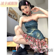 凌卡戚大碼玫瑰碎花拼接毛邊牛仔連衣裙女春夏季辣妹設(shè)計(jì)感收腰抹胸裙潮 主圖款 S