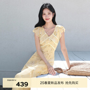 伊芙麗（eifini）伊芙麗精致印花顯瘦V領(lǐng)設(shè)計感粉色魚尾連衣裙2025夏季新款仙女裙 黃色 S 80-100斤