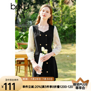 百圖betu女裝春夏新款連衣裙方領雙層蕾絲長袖連衣裙女2302T73 黑色 S