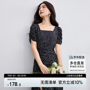 尚都比拉法式連衣裙女夏季方領(lǐng)堆堆袖復(fù)古波點抽褶開叉A字裙 黑底白點 S