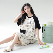 貓人（MiiOW）純棉睡裙女夏季薄款短袖連衣裙舒適休閑韓版時尚可外穿睡衣家居服 5902白黑 XL (建議120-140斤)