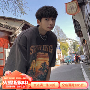 杜小閑 美式復(fù)古做舊落日印花短袖t恤男生夏季寬松半袖男青少年潮牌上衣 深灰色 M