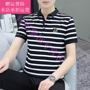 夢(mèng)夢(mèng)奇夏季男士翻領(lǐng)條紋短袖T恤polo衫感修身男裝休閑半袖體恤帶有領(lǐng)子 黑條紋 GW2235 M