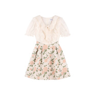 Palglg荷葉邊高腰提花長(cháng)袖v領(lǐng)連衣裙女春裝雪紡法式宮廷風(fēng)蓬蓬公主裙子 花色連衣裙(短袖) XS