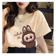 一寸相思拉布布labubu卡通周邊T恤杏色短袖男女純棉百搭休閑小眾正肩上衣 杏色-嗨拉布布 2XL (125-145）