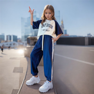 芽可兒女童夏裝哈倫褲運(yùn)動(dòng)套裝2025新款大童韓版洋氣拼色T恤長褲兩件套 藏青 150 cm