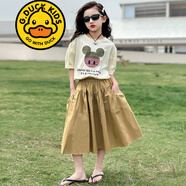 G.DUCKKIDS品牌童裝女童套裝夏季套裙兒童夏裝短袖T恤半身裙子兩件套中大童 2411 米奇套裝 卡其 140