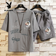 花花公子（PLAYBOY）2025新款棉麻t恤男士短袖套裝夏季大碼潮牌搭配一套寬松亞麻體恤 X9灰色【上衣+短褲】 M 【80-100斤】