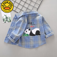 G.duck2025新款男童格子襯衫夏季薄款寶寶卡通長(cháng)袖兒童春秋上衣小童襯衫 藍色-熊貓-格子襯衫-上衣 薄款 100 建議體重25-30斤
