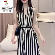 啄木鳥（TUCANO）寬松顯瘦條紋連衣裙女2025夏季新款無袖掛脖時(shí)尚高級(jí)感氣質(zhì)A字裙 黑白條紋 L 建議100-115斤