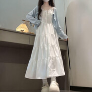 雅爾索大童衣服9-14歲女裙子兩件套裝韓版溫柔中拼接白色吊帶連衣裙搭配 白色吊帶連衣裙+披肩開衫 170 建議身高155-165cm
