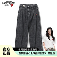 查爾斯桃心復古風(fēng)休閑寬松直筒長(cháng)褲美式高街INS潮流水洗冰絲牛仔褲男女同款 厚款 黑灰色 3XL