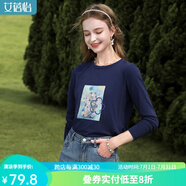 艾蓓怡（I BELIEVE YOU）藍色繡花正肩長袖T恤上衣女2025春季新款修身顯瘦彈力內(nèi)搭打底衫 藏藍色 M