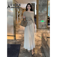 艾美琦美（AIMEIQIMEI）新款連衣裙子女裝夏天2025年新款夏季通勤斜肩上衣高腰雪紡裙套裝 卡其上衣+半身裙一套（送皮帶） S