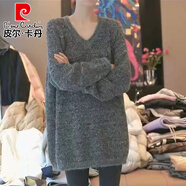 皮爾卡丹（pierre cardin）亮片V領(lǐng)套頭毛衣大尺碼微胖mm春季慵懶風(fēng)中長(cháng)版寬松遮肚針織衫上 深灰色深秋初冬穿搭/秋季/洋派獨 M 建議90-100斤