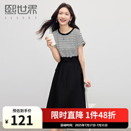 熙世界sllsky休閑條紋短袖拼接連衣裙假兩件收腰顯瘦裙子2025夏季新款 摩登黑 L