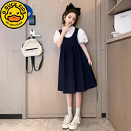G.DUCKKIDS女童夏裝連衣裙兒童泡泡短袖假兩件背帶裙韓版洋氣大童學(xué)院風(fēng)裙子 藏青色 170 (建議身高155-170cm)
