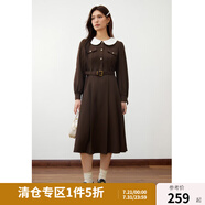 獨束大碼娃娃領簡約復古連衣裙女2024冬新款微胖mm中長款氣質裙子 青驪棕 XL (尺碼：3)