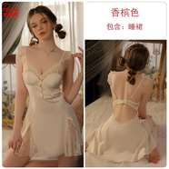 北極絨春夏季新款緞面拼接蕾絲性感美背深V胸墊吊帶睡裙家居服睡衣套裝 香檳睡裙 M