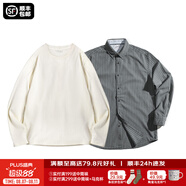 馬登工裝條紋長(cháng)袖襯衫男美式修身上衣外套牛津紡男士襯衣秋商務(wù)男裝 錫灰色襯衫+米白T恤 XL