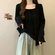 木清清大碼女裝春季新款多巴胺奶黃色針織衫吊帶背心外搭開衫上衣兩件套 黑色 3XL 【160-180斤】