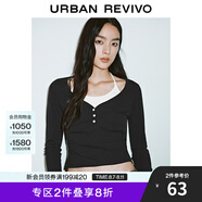UR2025秋季新款女裝撞色假兩件掛脖系帶長袖T恤UYY450020 黑色 S