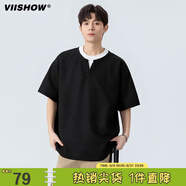 viishow潮牌日系簡(jiǎn)約假兩件V領(lǐng)短袖T恤男夏新款休閑百搭情侶半袖體恤 黑色 S