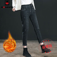 AEMAPE2025春秋冬季新款加絨不加絨深色九分牛仔褲女高腰黑 5037黑灰_有彈 加絨 29 _2尺2建議110-120斤