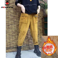 AEMAPE 2025春秋新款加絨加厚燈芯絨工裝褲女高腰哈倫蘿卜條絨 黃色加厚款 加絨 S 建議85-105斤