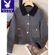 花花公子（PLAYBOY）小個子女士超好看短款毛呢外套女2025新款雙面羊絨大衣秋冬款 黑色【超好看短款毛呢外套/媽媽 M 【建議90-100斤】