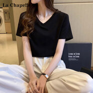 拉夏貝爾純棉t恤女短袖寬松百搭v領(lǐng)正肩上衣 黑色 XL