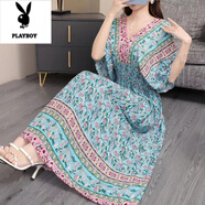 花花公子（PLAYBOY）波西米亞棉綢碎花連衣裙長(cháng)款前后V領(lǐng)沙灘裙氣質(zhì)泰國度假長(cháng)裙旅游 藍底碎花 2XL