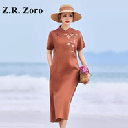 Z.R.Zoro奢侈品亞麻刺繡連衣裙女2025夏季新款收腰顯瘦法式復古繡花旗袍裙 琥珀色 S
