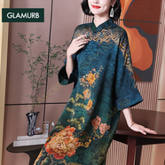 BG GLAMURB高端奢品牌重緞香云紗桑蠶絲連衣裙女新款優(yōu)雅寬松長(zhǎng)款過(guò)膝大碼裙 復(fù)古藍(lán) L