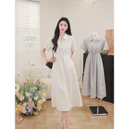 鹿向南「悠然氣質(zhì)」氣質(zhì)淺藍色法式連衣裙女夏翻領(lǐng)短袖襯衫裙長(cháng)裙 米杏色 S