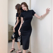 夏季舞蹈主播服裝女氣質(zhì)修身國風(fēng)覆古改良旗袍黑色長版開叉洋裝 黑色 S 均碼