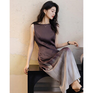 德瑪納【優(yōu)雅的秘密】夏季光澤仿醋酸緞漸變印花無(wú)袖A字收腰女式連衣裙