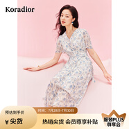 珂萊蒂爾[瑰麗小蠻腰]夏通勤茶歇印花優(yōu)雅氣質(zhì)獨(dú)特連衣裙 淡藍(lán) L