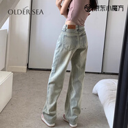 OLDER SEA復古高街黃泥窄版闊腿牛仔褲女2025淺色寬松直筒高腰垂感拖地褲子 藍色 L 建議105-115斤