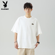 花花公子（PLAYBOY）夏季棉質(zhì)圓領(lǐng)休閑短袖美式高街寬松半袖日系復(fù)古繡標(biāo)T恤男生 白色 M