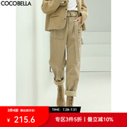 COCOBELLA工裝風(fēng)卡其色水洗棉休閑褲女春寬松高腰直筒褲PA187 卡其單版 S