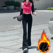 T 天啟世紀WDROBE韓風直筒棉彈牛仔布褲女2025高腰顯瘦微喇叭泫雅拖地褲百搭 黑色微喇九分 加絨 XS