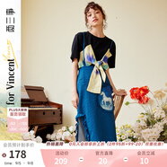 兩三事藍(lán)色背帶裙女秋季新款開(kāi)叉顯瘦半身裙復(fù)古印花裙子親自征戰(zhàn) 藍(lán)色 M