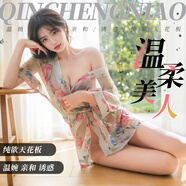 傾城鳥 性感睡衣女情趣內(nèi)衣日式雪紡印花開衫和服透視睡袍角色扮演制服誘惑套裝大碼睡裙開檔免脫丁字褲8145