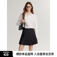 ELLE法式假兩件拼接鏤空連衣裙女2024秋季新款襯衫式長(zhǎng)袖百褶裙子 深灰 S
